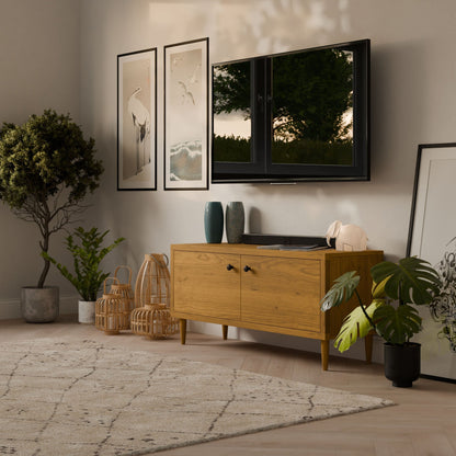 A cozy living room showcases a wall-mounted flat-screen TV. Below, a Double Door Media Cabinet in Cherry from Krovel Furniture Co. and a wooden console with formaldehyde-free hardwood veneer display vases. Art prints hang above, potted plants are nearby, and a light rug adorns the wooden floor.