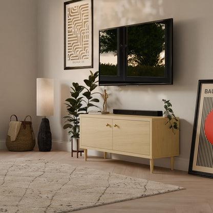 A modern living room showcases the Krovel Furniture Co. Maine Made Double Door Media Cabinet, a wall-mounted flat-screen TV, abstract art, indoor plants, a floor lamp, woven basket, and a light patterned rug on formaldehyde-free wood flooring.