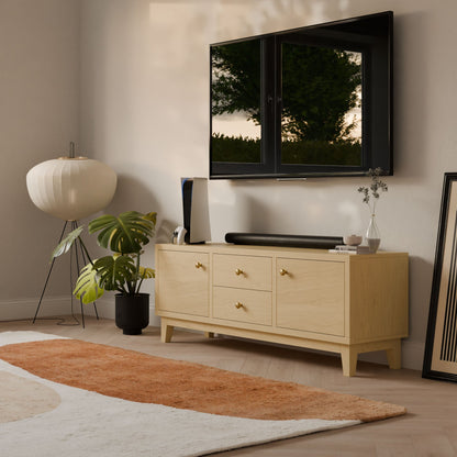 A modern living room corner features the Krovel Furniture Co. Maine Made Double Drawer, Double Door Media Cabinet, a flat-screen TV, white paper lantern floor lamp, green potted plant, framed artwork, and a beige-orange rug on light wood flooring.
