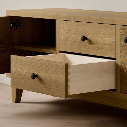 Double Drawer, Double Door Media Cabinet in White Oak
