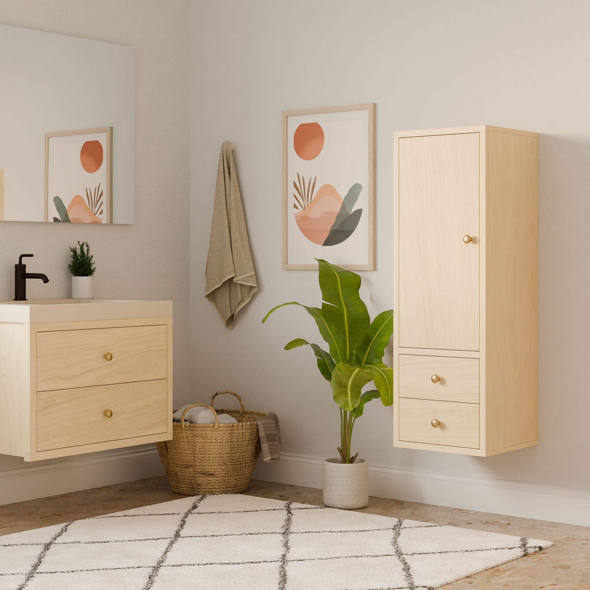 A minimalist bathroom includes Krovel Furniture Co.s Double Drawer Linen Cabinet in Maple, light wood cabinets, a rectangular mirror, a geometric framed print on the wall, a potted plant beside towel baskets, and a white rug with black crisscross pattern complementing the wooden floor.