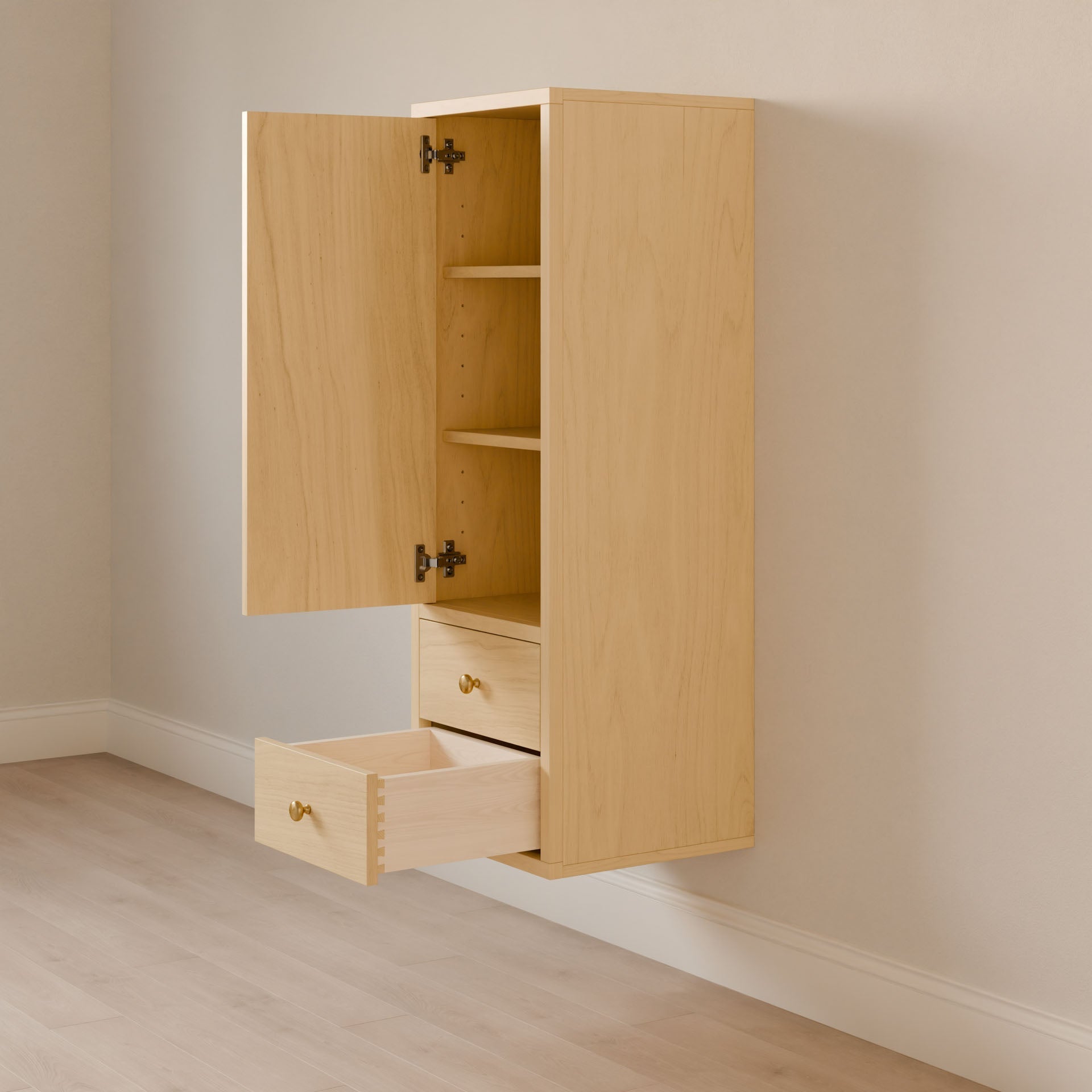 The Krovel Furniture Co. Double Drawer Linen Cabinet in Maple, crafted from solid hardwood, features an open door with two shelves and an open drawer below. It elegantly rests against a beige wall on a light wood floor and boasts sustainable construction.