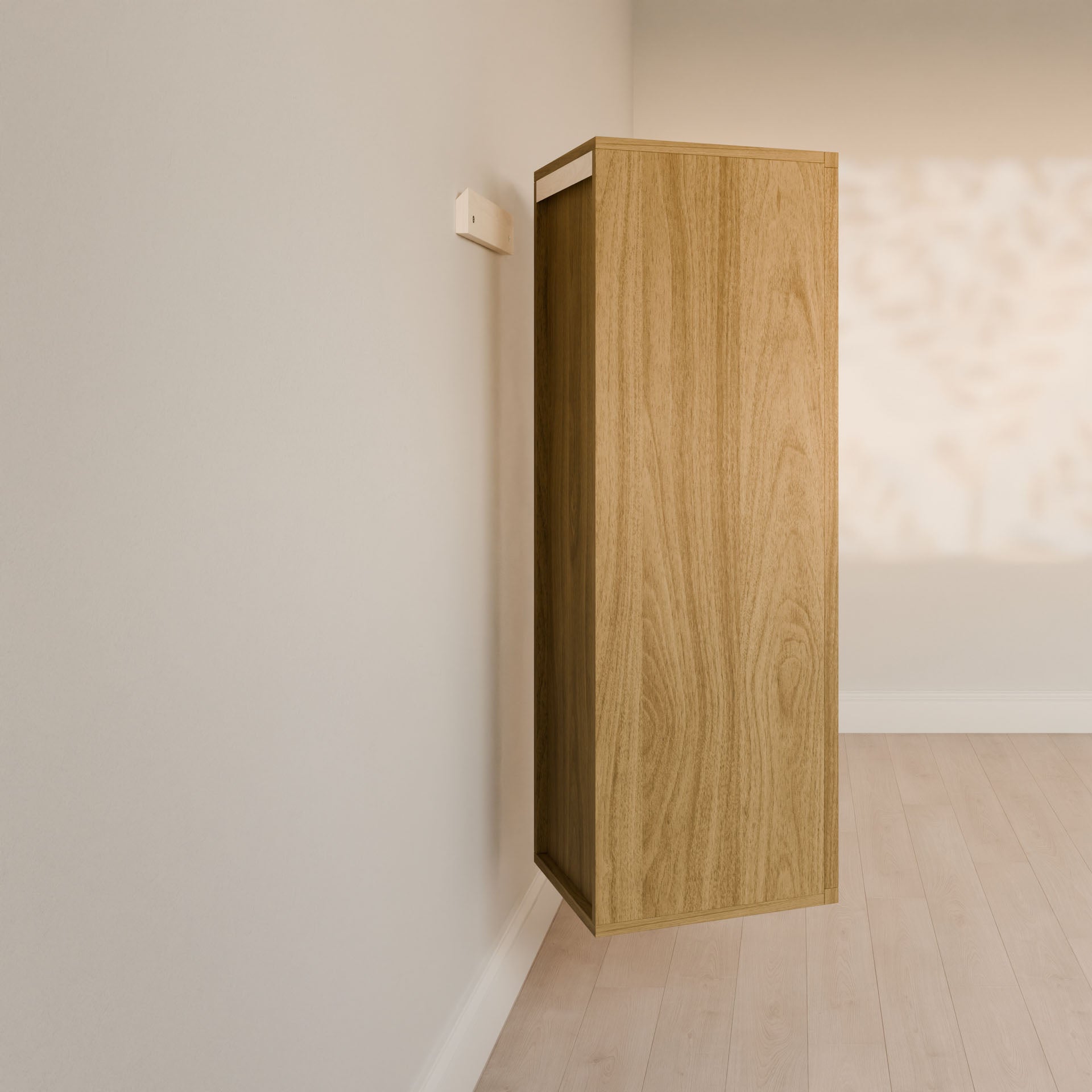 Krovel Furniture Co.s Double Drawer Linen Cabinet in White Oak floats against a minimalist rooms wall, light wooden floors below. Sunlight casts soft shadows for a warm, serene feel. Customizable sizes ensure a perfect fit, while its sustainable build adds an eco-friendly touch by the light switch.