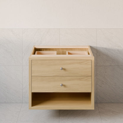 The Maine Made Double Drawer, Open Shelf Vanity by Krovel Furniture Co. features dual sink cutouts, two drawers, and an open shelf—an ideal customizable hardwood vanity for your bathroom.