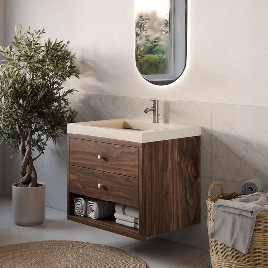 Double Drawer, Open Shelf Vanity in Walnut