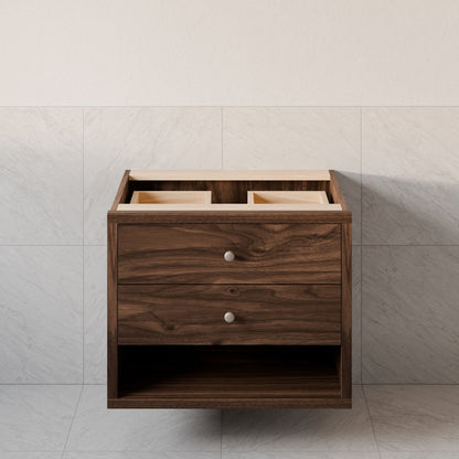 The Maine Made Double Drawer, Open Shelf Vanity by Krovel Furniture Co. is a floating hardwood vanity with two drawers, an open shelf, and an unfinished countertop area featuring two compartments.