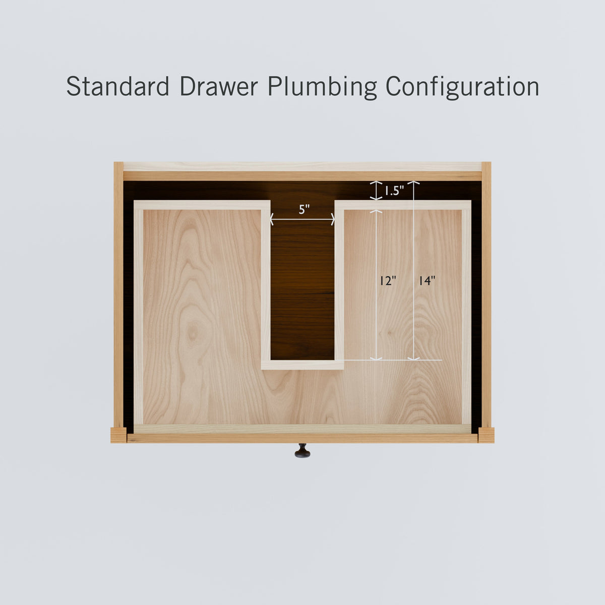 Top-down view of the Krovel Furniture Co. Double Drawer Vanity in Cherry, showing labeled dimensions: hardwood veneer panels are 12" and 14" high, with a 5"-wide cutout and 1.5" gap. Text reads Standard Drawer Plumbing Configuration.