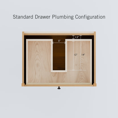 Top-down view of the Krovel Furniture Co. Double Drawer Vanity in Cherry, showing labeled dimensions: hardwood veneer panels are 12" and 14" high, with a 5"-wide cutout and 1.5" gap. Text reads Standard Drawer Plumbing Configuration.