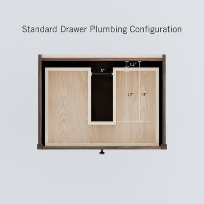 Image displaying the custom plumbing setup for the Double Drawer Vanity in Walnut by Krovel Furniture Co. Features two compartments—the right is 14" high and the left is 12" high—separated by a 5" gap, with a 1.5" top notch, all accented by an elegant hardwood veneer finish.