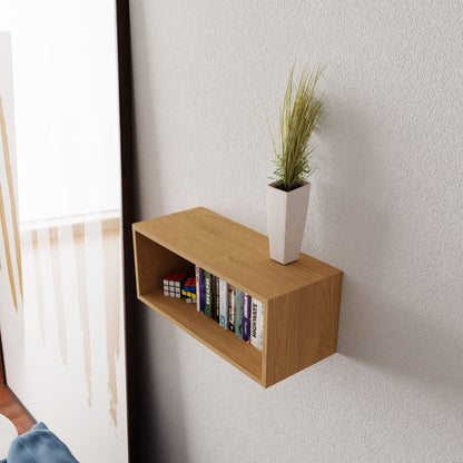 The Krovel Floating Bookshelf in Maple, made from solid American hard maple, supports a few books and a white vase with grass-like plants. Abstract brown and beige art decorates the nearby wall while the handmade shelf's shadow adds depth to the textured surface.
