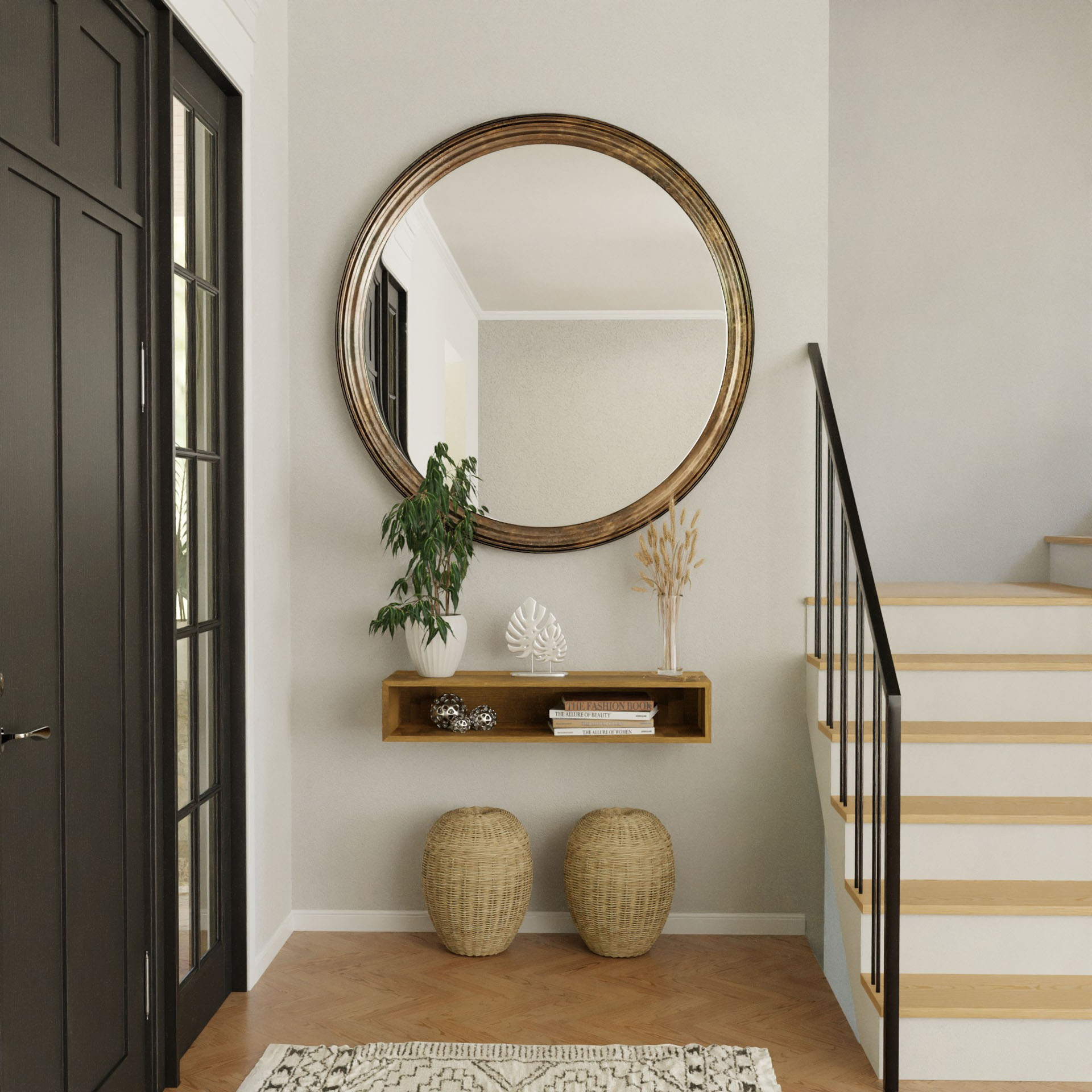 A modern entryway showcases the Krovel Hardwood Floating Console Table under a large round mirror, adorned with plants, a vase, and books. Two woven baskets sit below the shelf beside a wooden staircase.