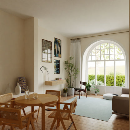 A cozy living room with a large arched window lets in natural light. It has a round American Cherry dining table with chairs, a gray sofa, and a potted plant. Art adorns creamy walls and the space is completed by Krovel's Maple Floating Desk and small wooden shelf on a soft rug.