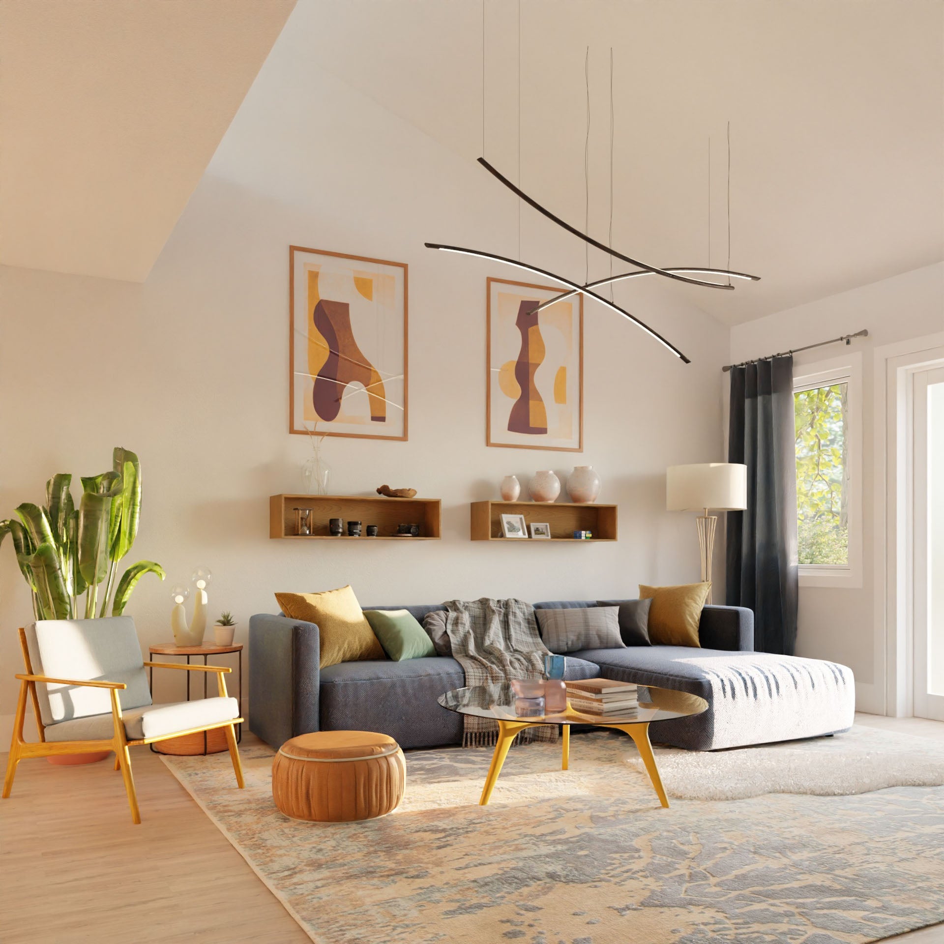 A modern living room with a gray sectional, light wood furniture, round coffee table, patterned rug, indoor plant, abstract wall art, Krovel Hardwood Floating Display Case shelves, and large windows letting in natural light.