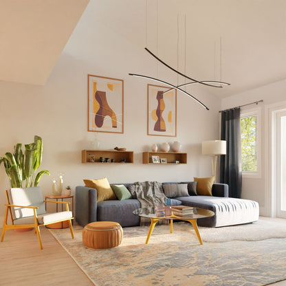 A modern living room with a gray sectional, light wood furniture, round coffee table, patterned rug, indoor plant, abstract wall art, Krovel Hardwood Floating Display Case shelves, and large windows letting in natural light.
