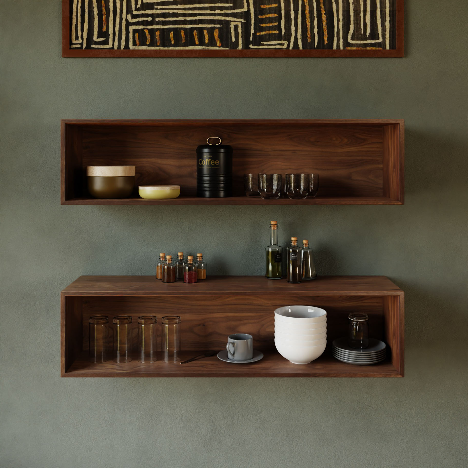 Krovel's Floating Display Case in Walnut elegantly showcases various items: the top section holds bowls, a coffee canister, glasses, and artwork. On the bottom, spice jars, oil bottles, three glasses, a white pot, cup, and saucers are neatly arranged.