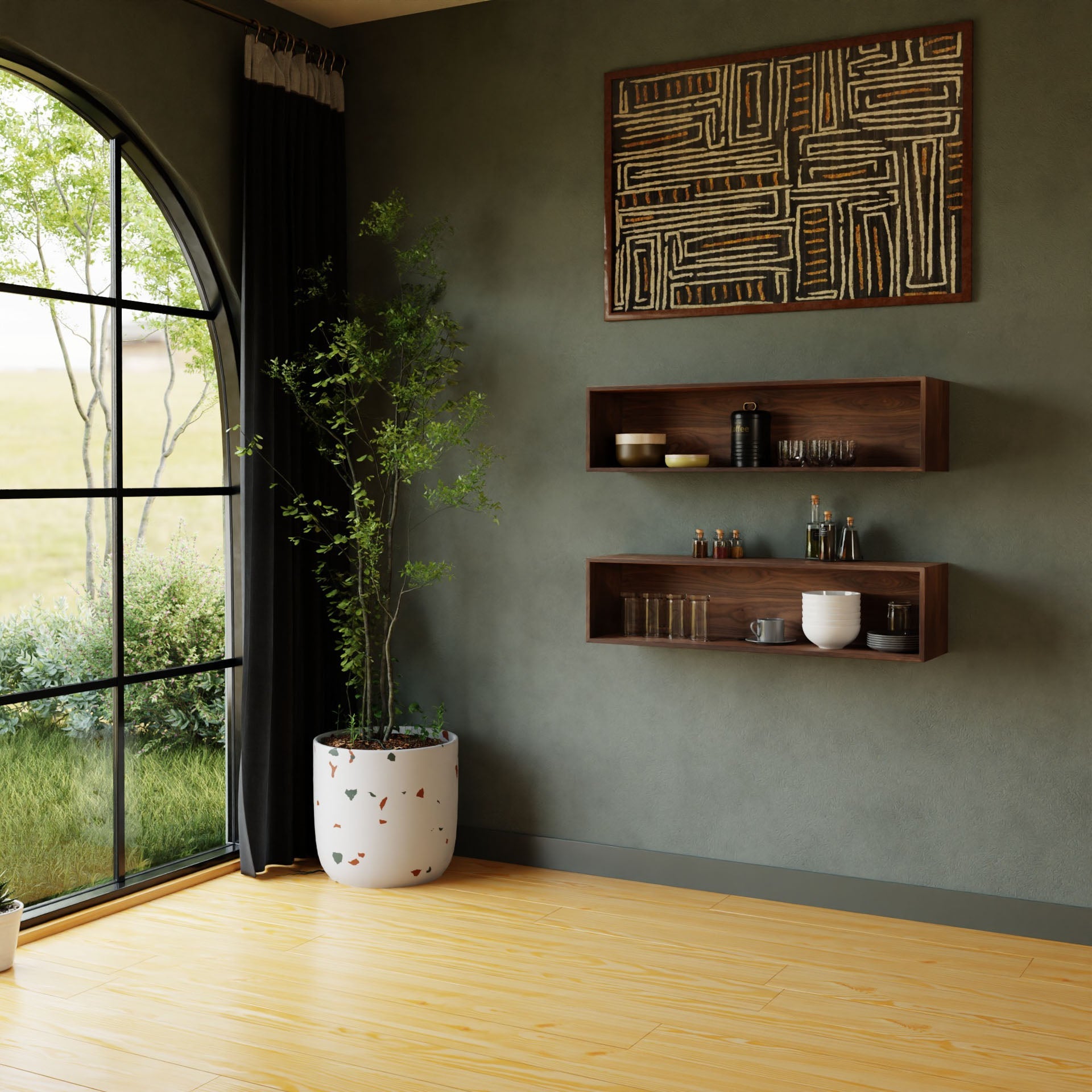 A minimalist room with a large arched window, solid hardwood floor, potted plant, and abstract wall art above Krovel Hardwood Floating Display Cases holding jars and cups.