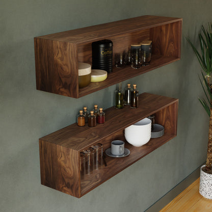 On a muted green wall, two Krovel Floating Display Cases in Walnut showcase various items: a sleek black coffee canister, jarred spices, a white bowl, and elegant glassware. A partially visible potted plant on the right adds warmth to the scene.