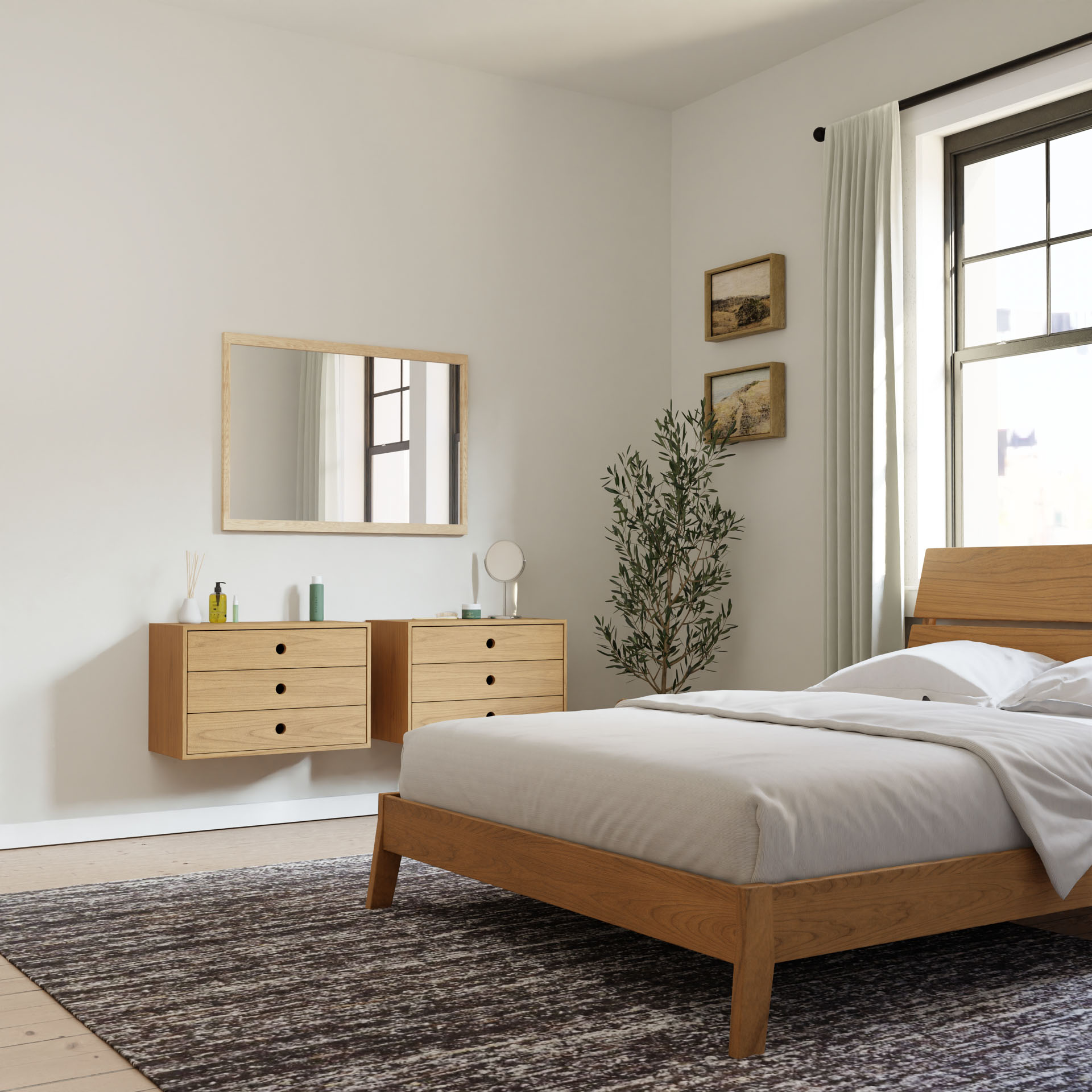 A minimalist bedroom showcases a wooden bed and Krovel's Floating Dresser in Cherry, paired with a large mirror. A green plant stands by the window, light curtains frame the sunlight, and neutral carpet and small wall art complete the room.