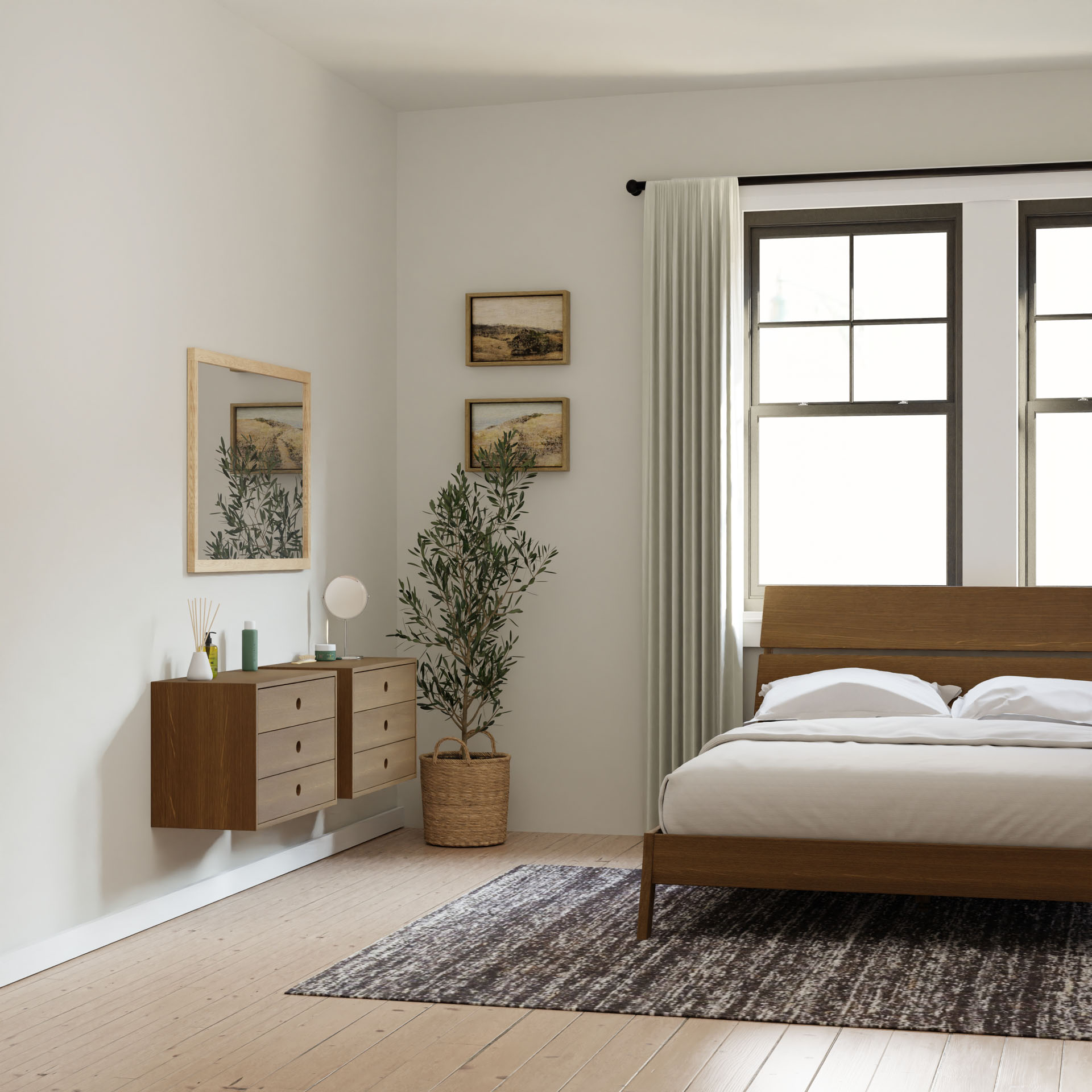 A minimalist bedroom showcases a solid white oak bed with crisp white bedding. A Krovel Floating Dresser in White Oak with an above mirror is wall-mounted. In the corner, a potted plant sits by two windows with white curtains, while three small paintings add charm above the dresser.