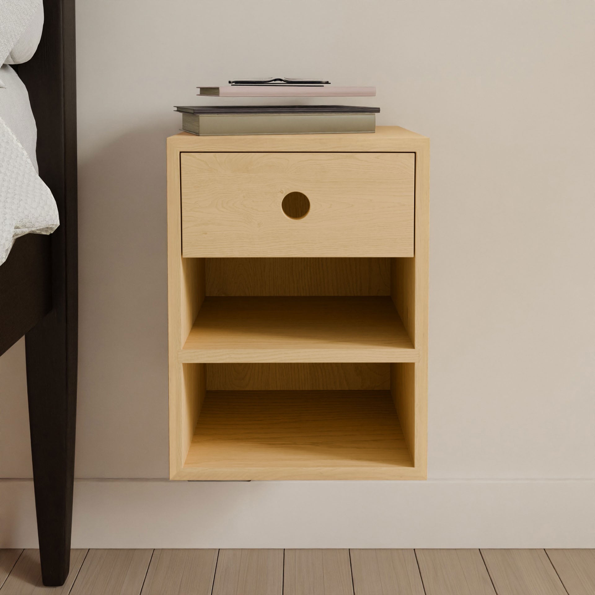 Floating Nightstand in Maple - Krovel SINGLE DRAWER / DOUBLE SHELF / Extra Small Handmade in Maine#configuration_single-drawer-double-shelf
