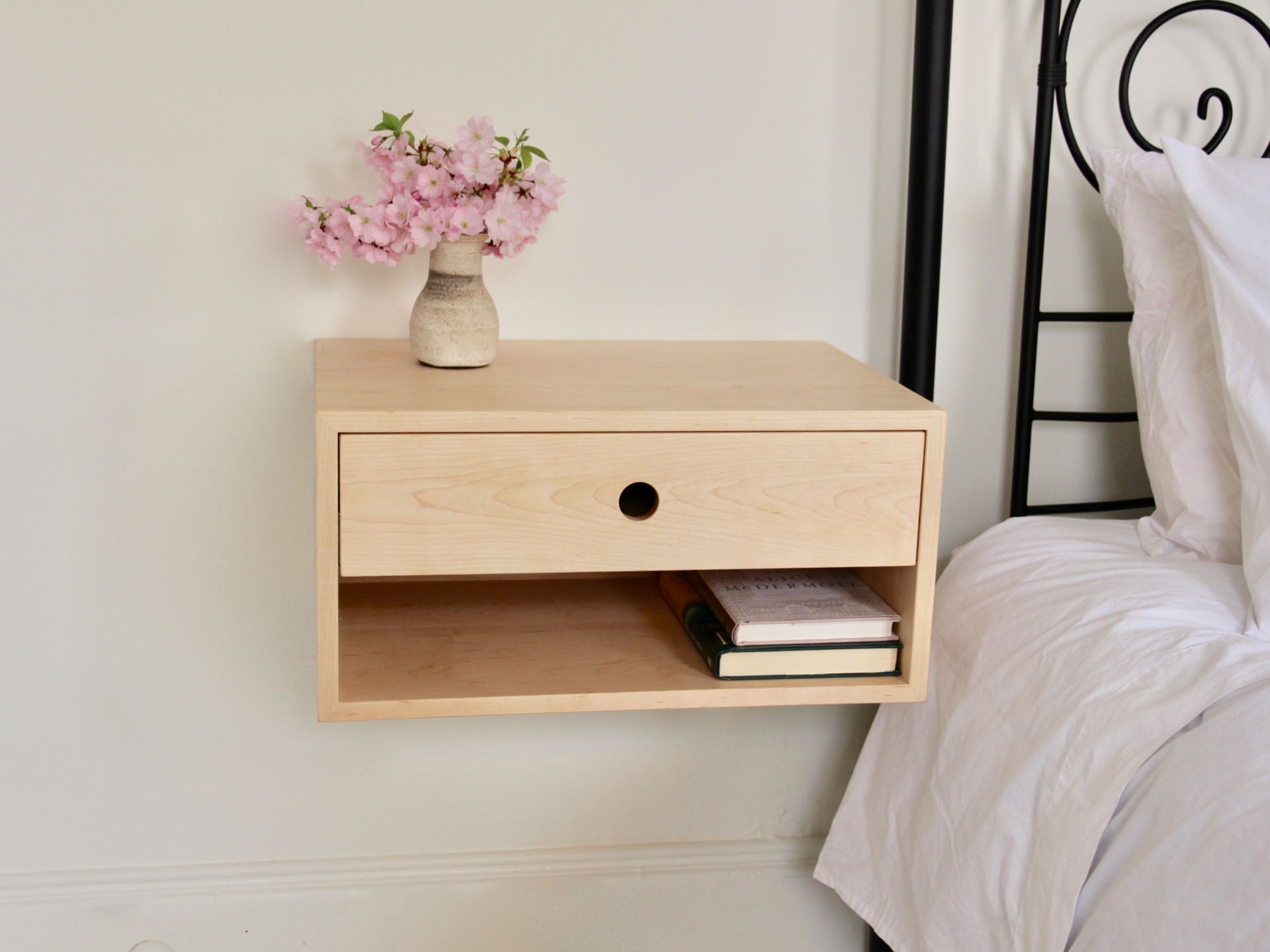 Floating Nightstand in Maple - Krovel SINGLE DRAWER / SINGLE SHELF / Extra Small Handmade in Maine#configuration_single-drawer-single-shelf