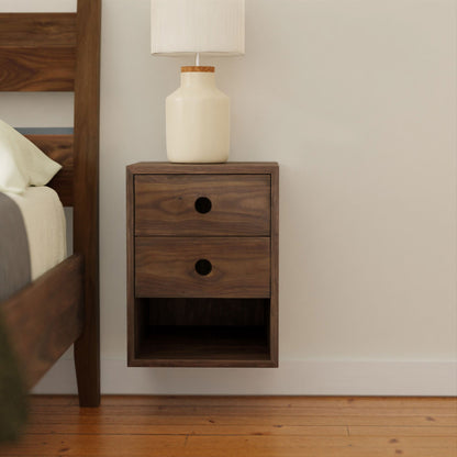 Floating Nightstand in Walnut - Krovel DOUBLE DRAWER / SINGLE SHELF / Extra Small Handmade in Maine 