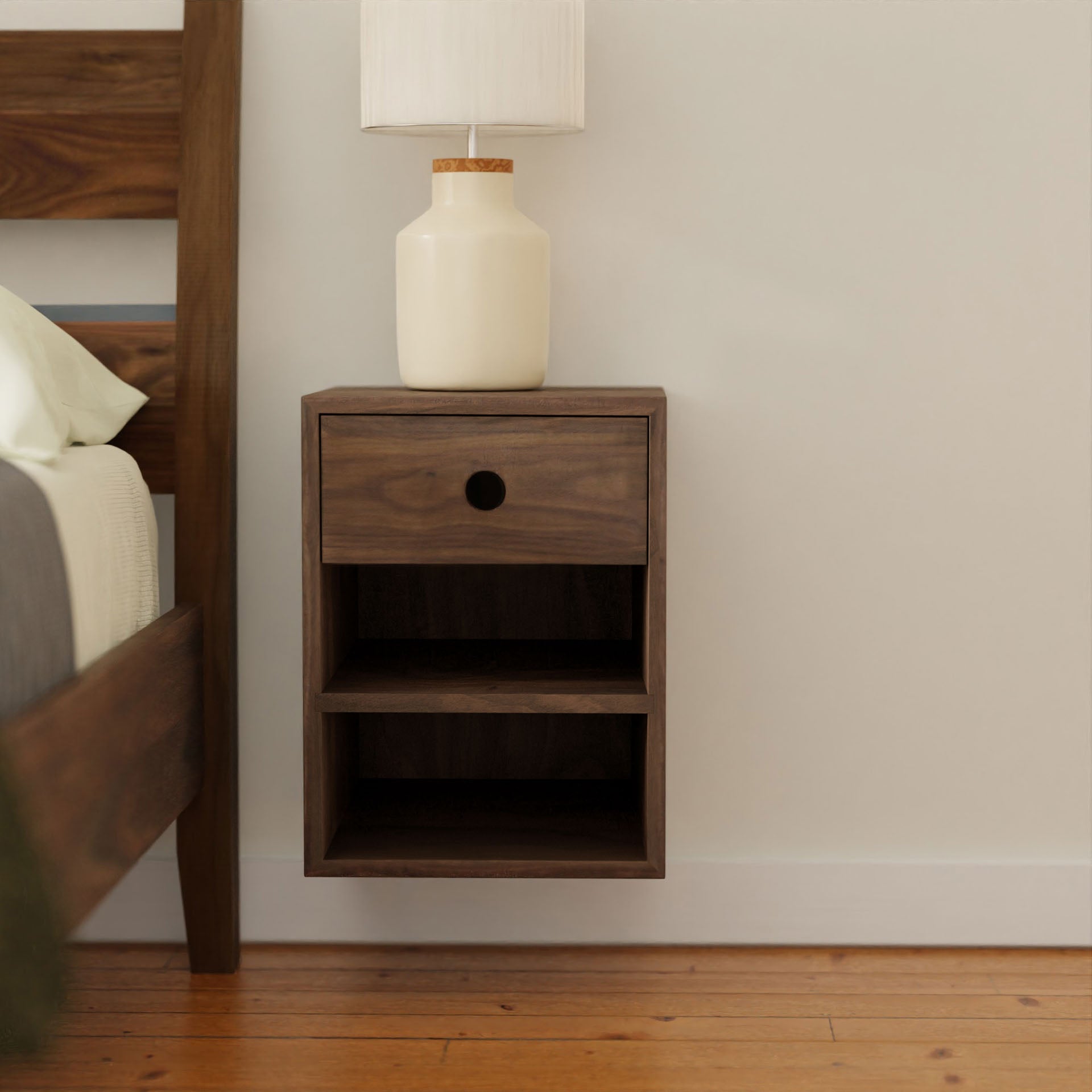 Floating Nightstand in Walnut - Krovel SINGLE DRAWER / DOUBLE SHELF / Extra Small Handmade in Maine #configuration_single-drawer-double-shelf