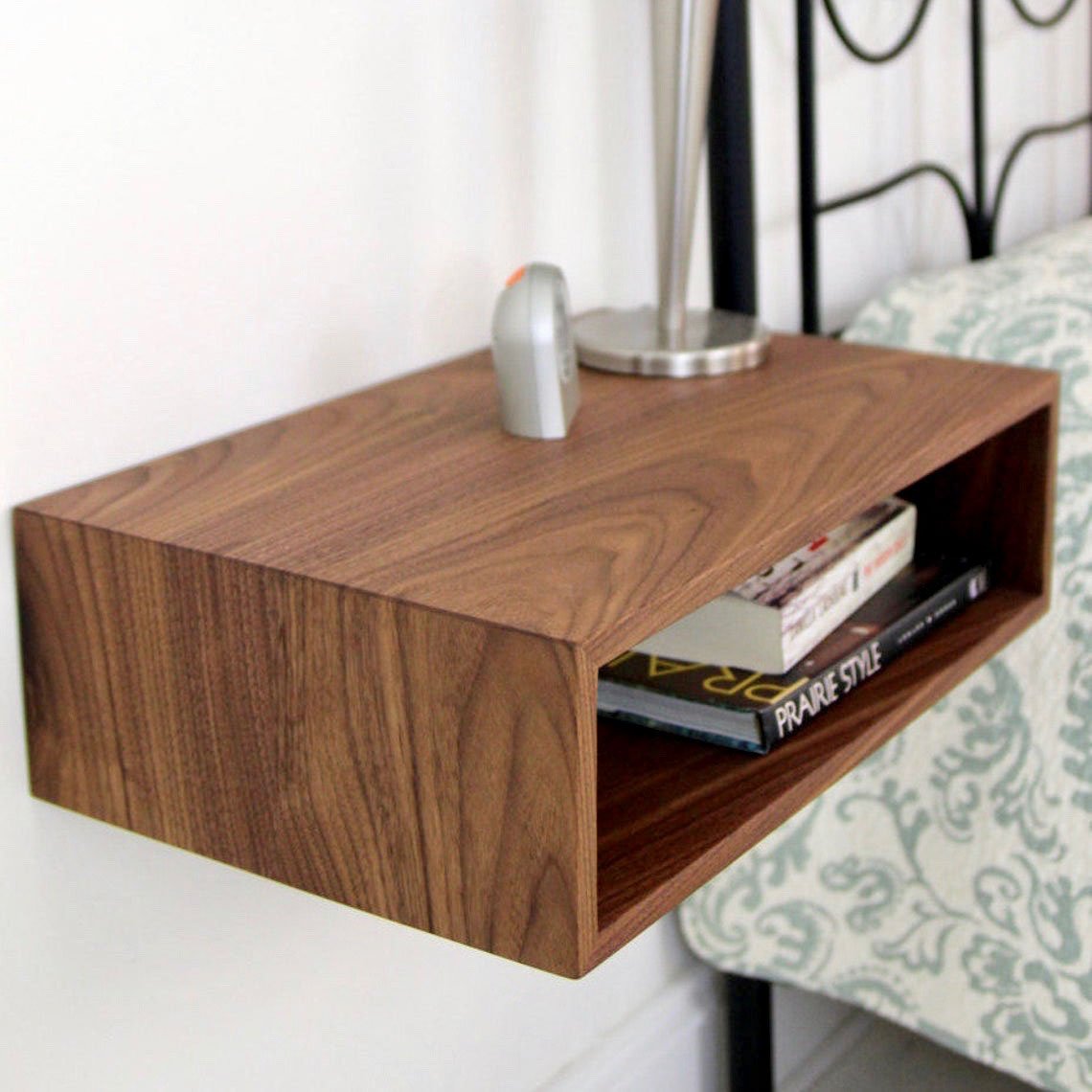 Floating Nightstand in Walnut - Krovel SINGLE SHELF / Extra Small Handmade in Maine #configuration_single-shelf