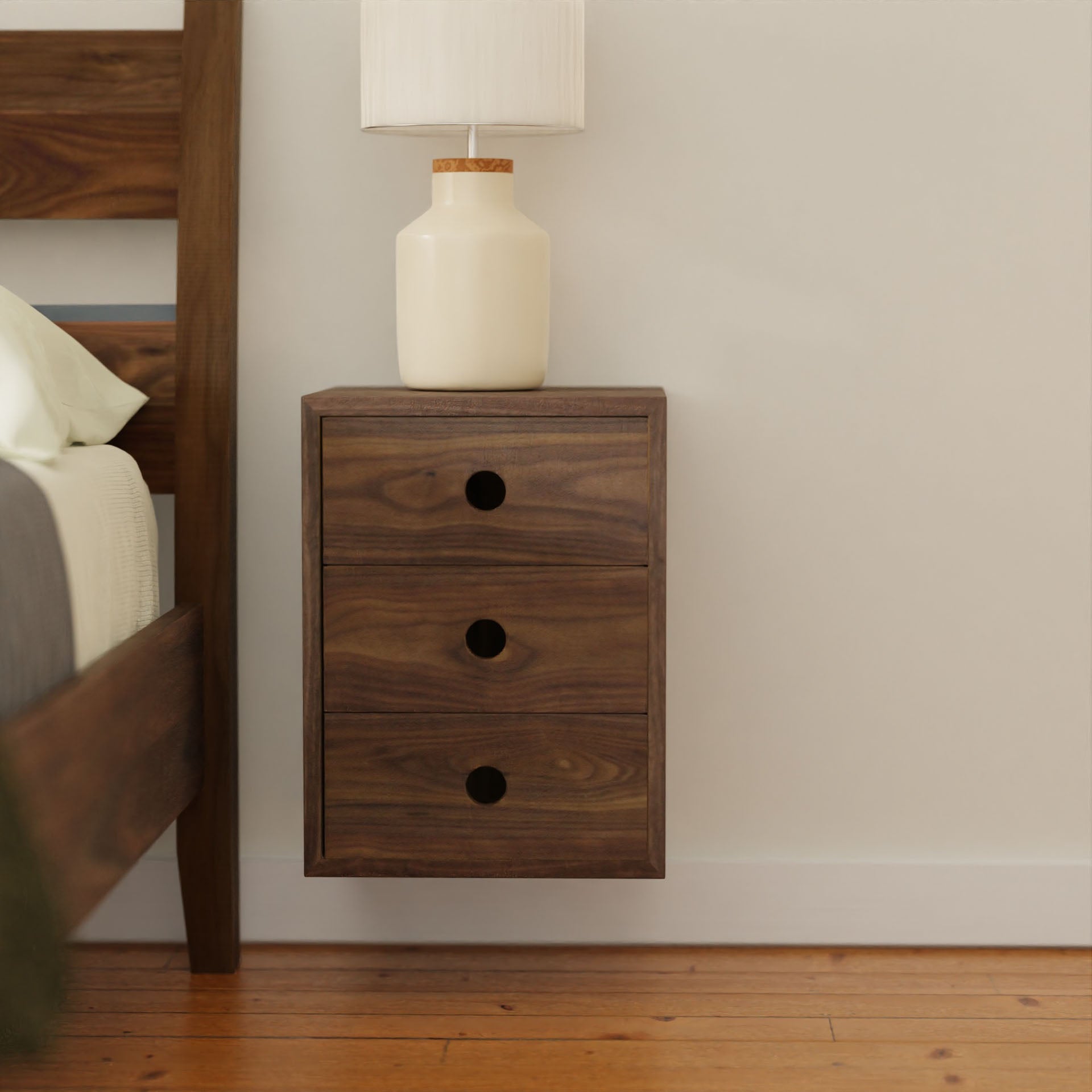Floating Nightstand in Walnut - Krovel TRIPLE DRAWER / Extra Small Handmade in Maine 