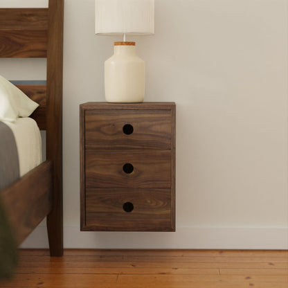 Floating Nightstand in Walnut - Krovel TRIPLE DRAWER / Extra Small Handmade in Maine 