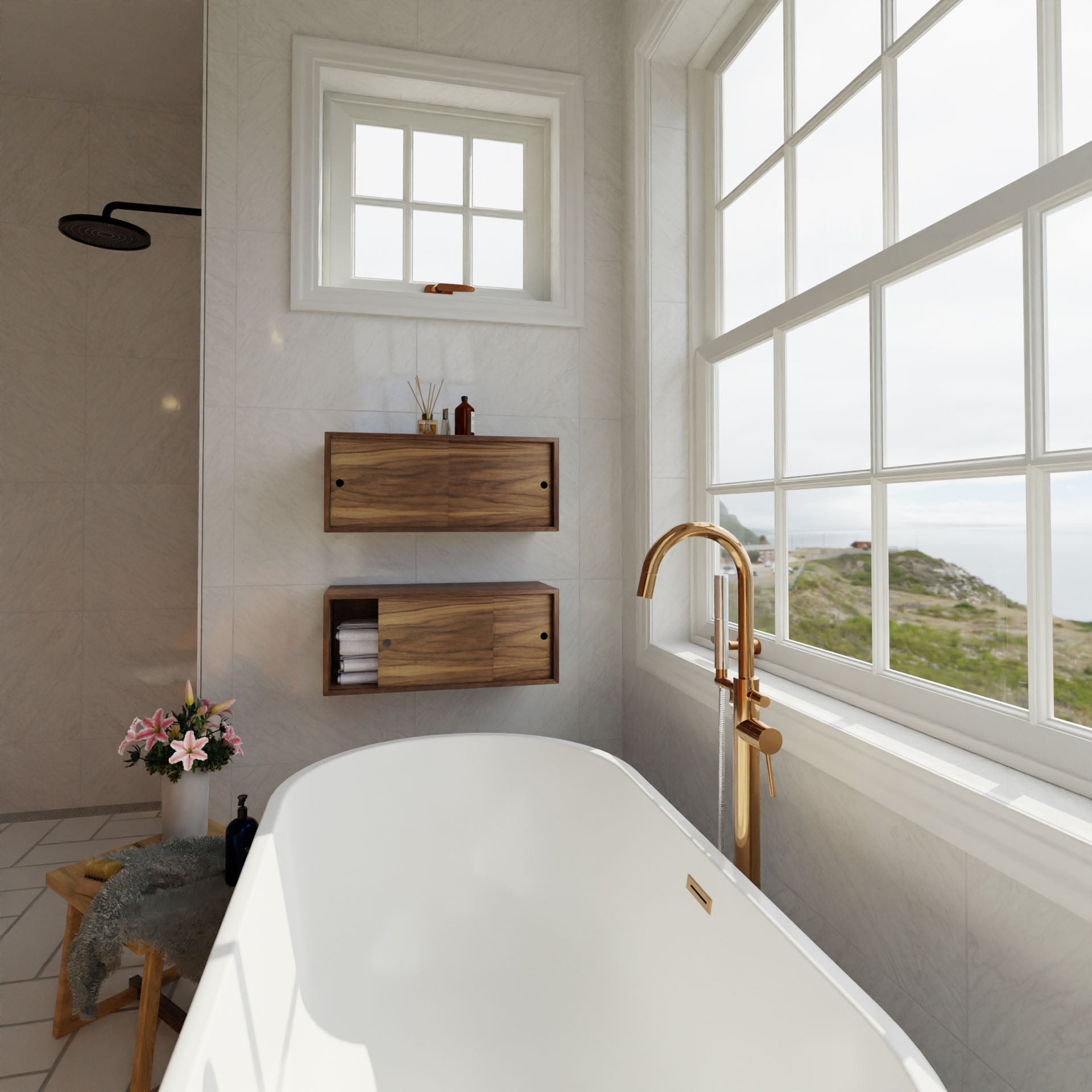 A modern bathroom showcases a white freestanding tub and brass fixtures, bathed in natural light from a large scenic window. Wooden shelves and a Krovel Floating Storage Cabinet in Walnut store towels and decor, while a handmade floral arrangement rests on a nearby stool.