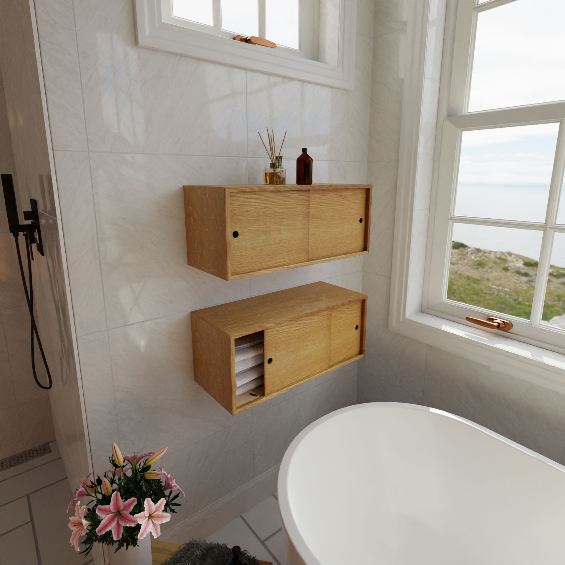 A minimalist bathroom with white walls features elegant wooden shelves and Krovel's Floating Storage Cabinet in White Oak for toiletries. A white bathtub near large windows provides a view of the sea, while a flower arrangement adds a thoughtful touch on the floor.