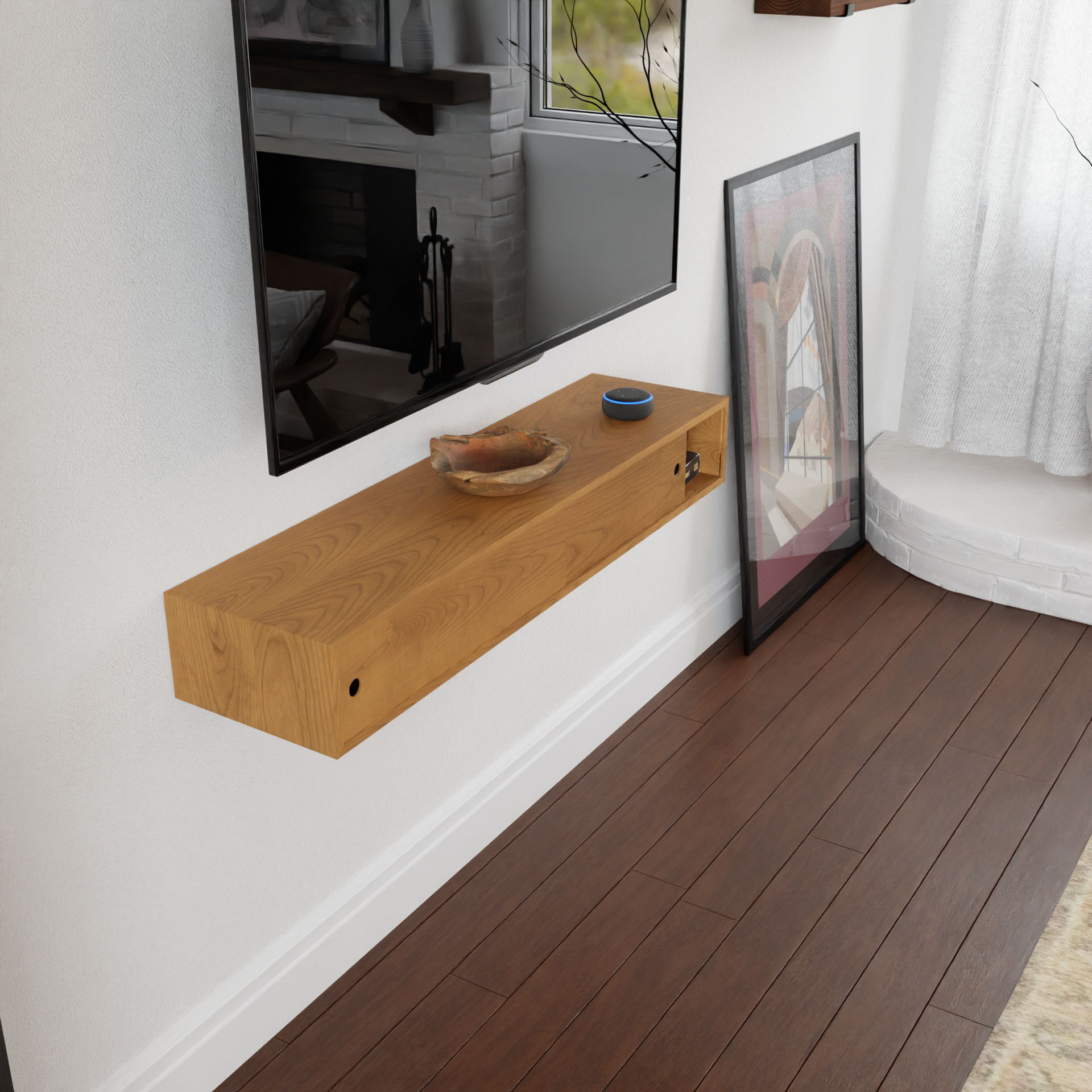 A minimalist living space showcases a wall-mounted Krovel Media Console Table in Cherry below a flat-screen TV, holding a small bowl and smart speaker. A framed picture leans on the wooden floor near a white curtain.