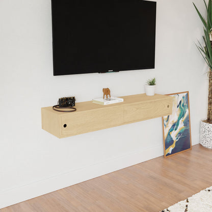 In a minimalist living room, a mounted flat-screen TV is above a floating Krovel Media Console Table in maple, holding a camera, books, and decor. An abstract painting leans against the wall while a large plant in a white pot accents the sleek wooden floor design.