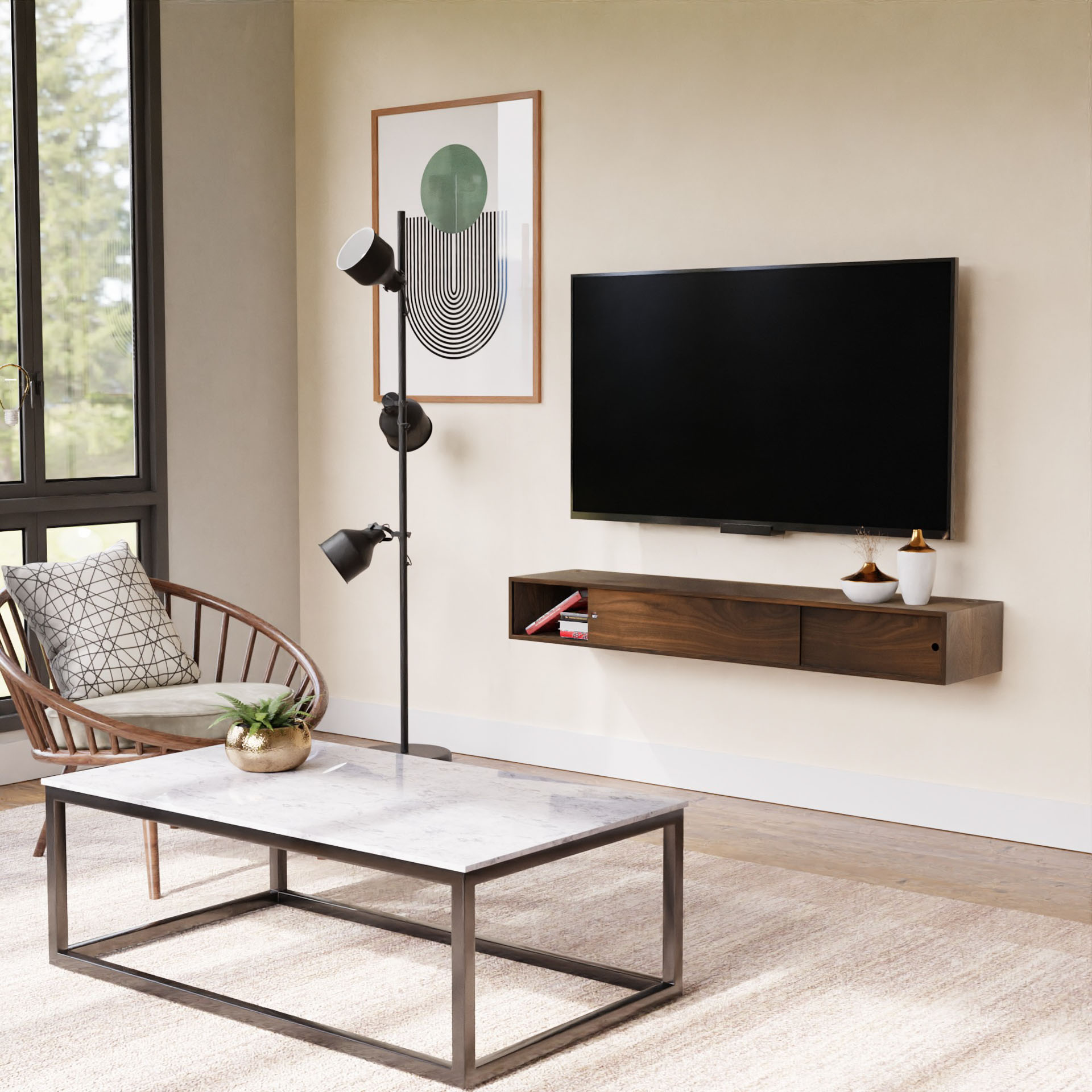 A modern living room with a marble coffee table, Krovel Hardwood Media Console, solid hardwood chair with patterned cushion, floor lamp, floating wooden shelf, wall-mounted TV, and abstract art on a beige wall. Natural light streams in.