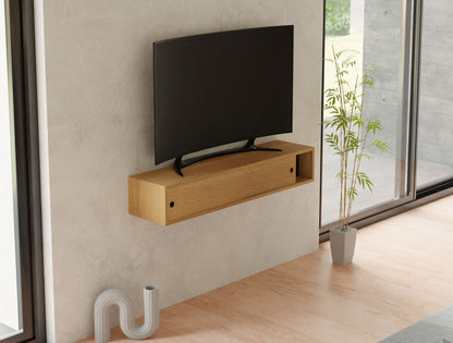 A Krovel Hardwood Media Console is mounted to a light gray wall beneath a flat-screen TV. A potted bamboo plant on the light wood floor by large windows adds warmth to this stylish media room setup.