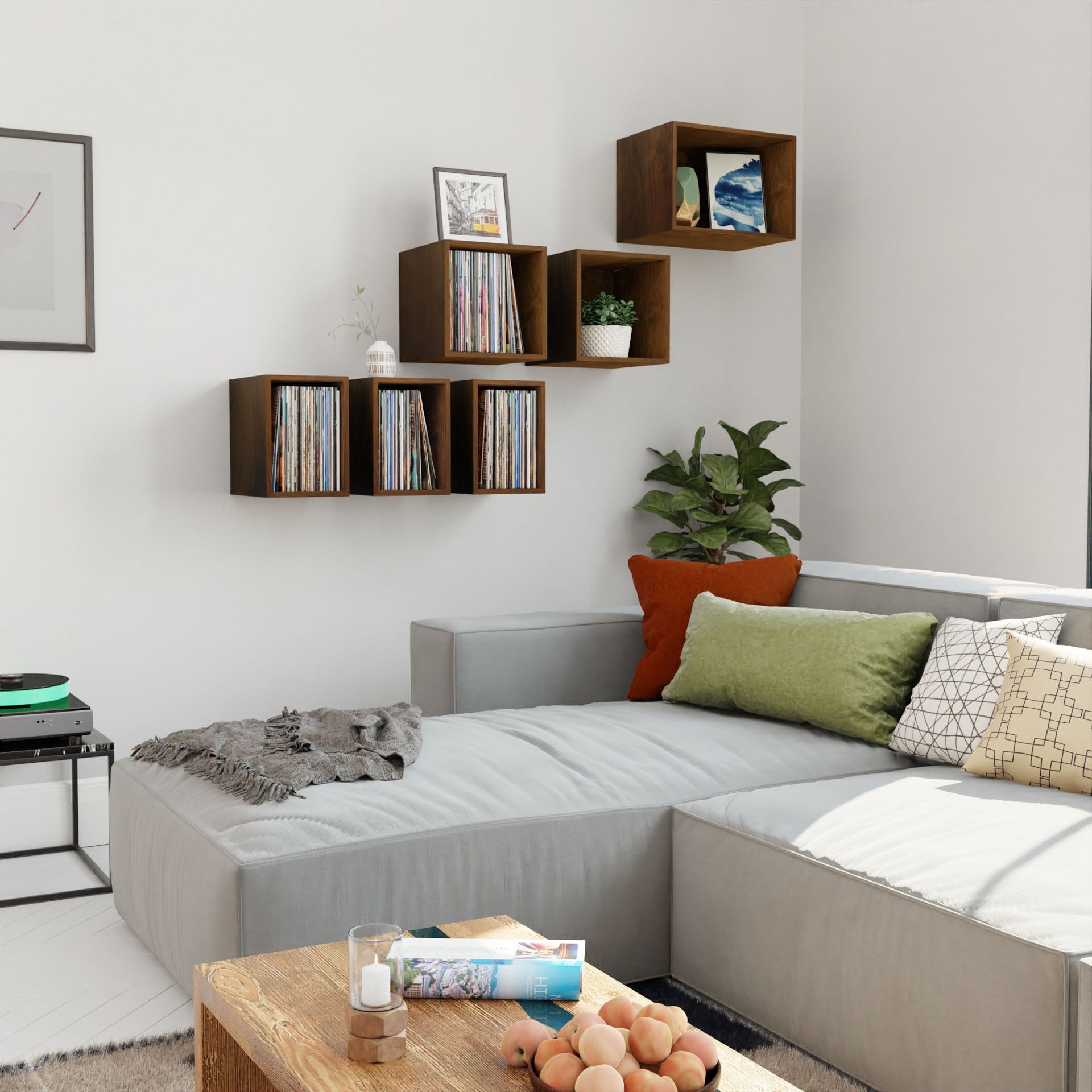 A modern living room with a gray sectional, colorful pillows, a hardwood coffee table, and a Krovel Hardwood Record Storage Shelf displaying decor, vinyl records, plus a potted plant in the corner.