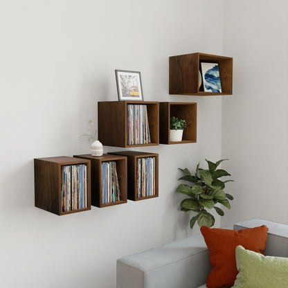 A modern living room features the Krovel Hardwood Record Storage Shelf displaying records, a framed photo, and decor above a light gray sofa with colorful cushions and a green leafy plant beside it.