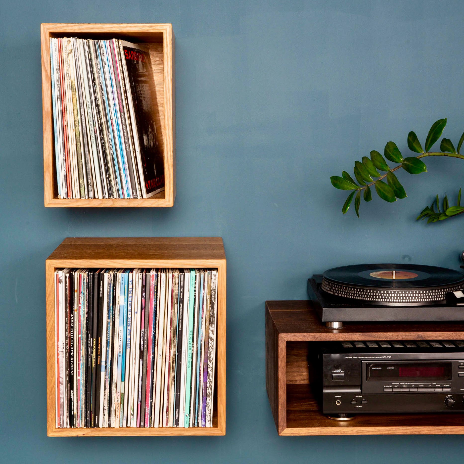 A modern blue wall features krovel-dev's Record Storage Shelves in White Oak, showcasing vinyl records with a vintage cassette player and turntable. A touch of greenery adds decoration, seamlessly blending classic and contemporary styles.
