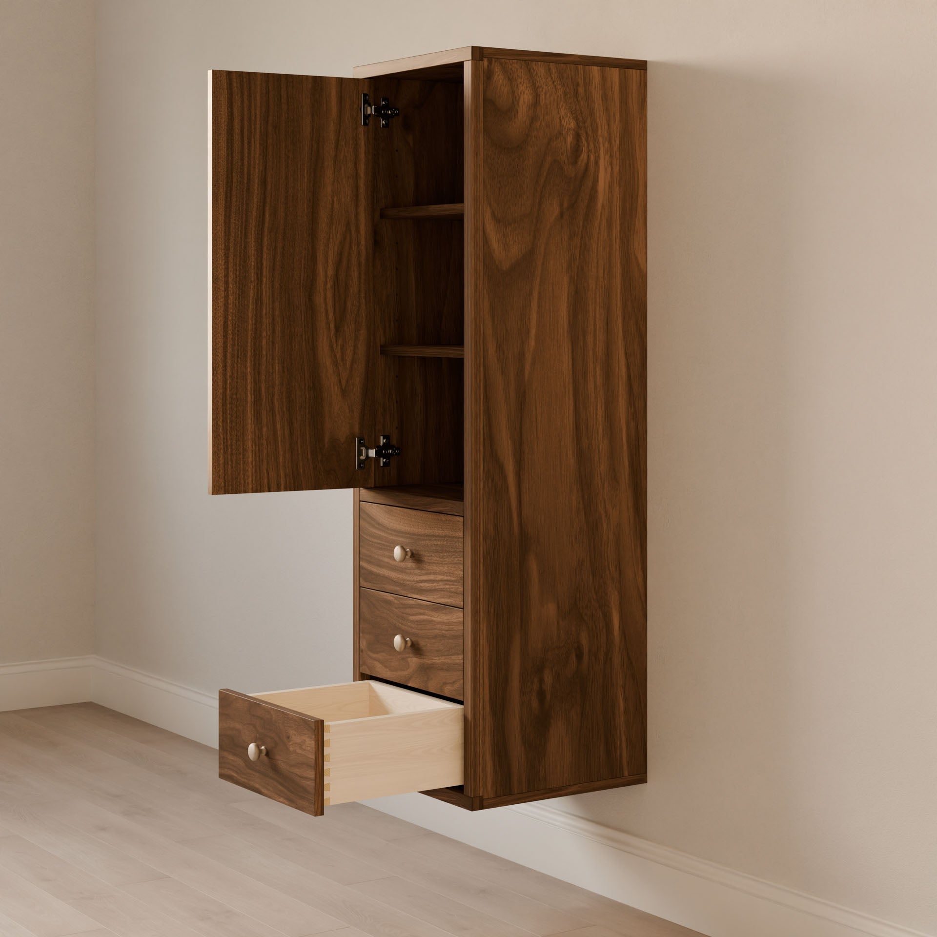 Krovel Furniture Co.s Triple Drawer Linen Cabinet in Walnut, crafted from solid hardwood, features open doors showing spacious shelves and an open drawer. Its natural wood grain finish complements a neutral wall and light wood flooring, highlighting its sustainable construction.