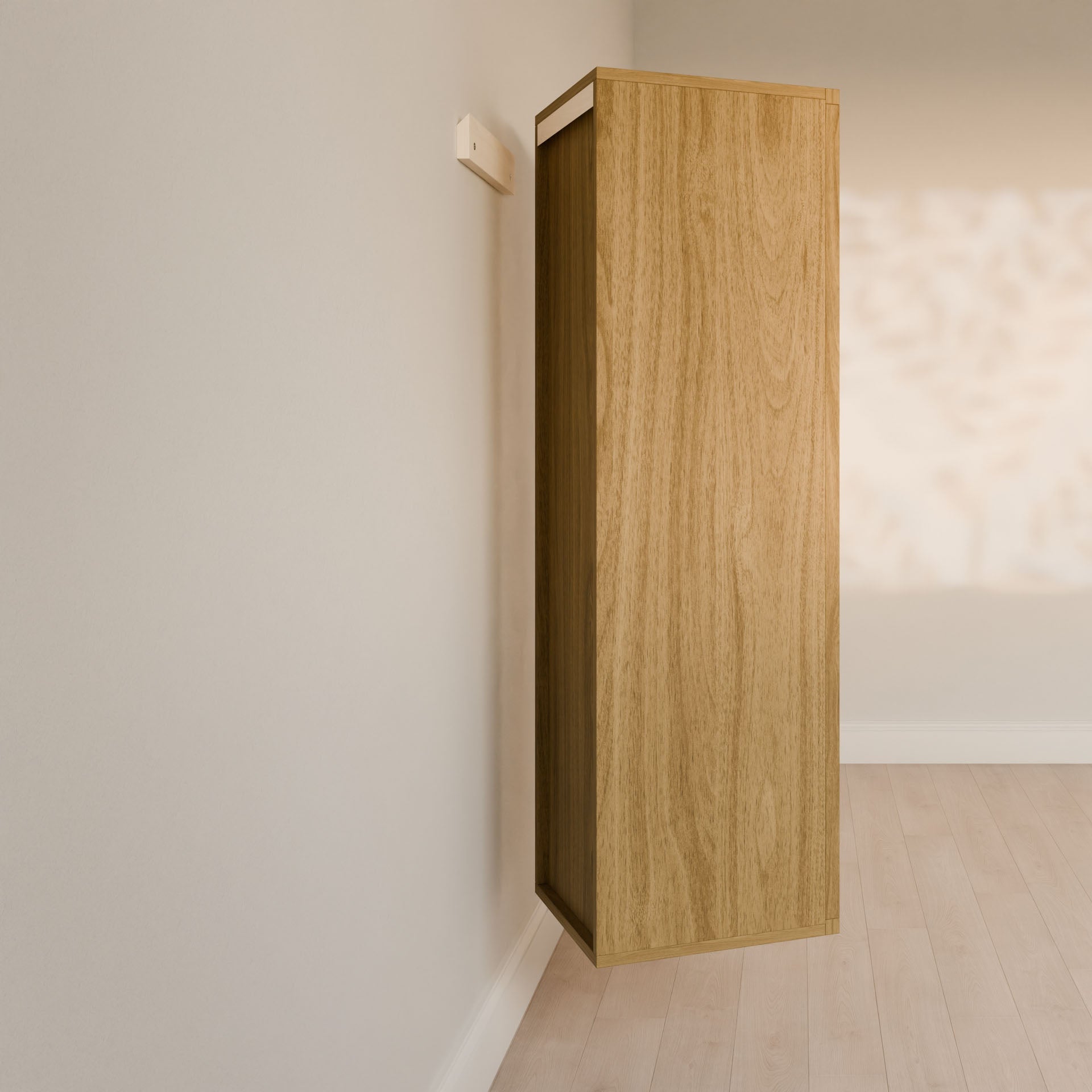 The Krovel Furniture Co. Triple Drawer Linen Cabinet in White Oak adds a sleek, minimalist touch against a light-colored wall. Soft sunlight through the window casts shadows on the sustainable design, perfectly complementing the light wooden floor beneath it.
